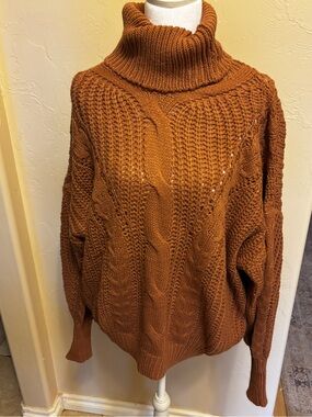Cozy Cable Knit Turtleneck Sweater - Soft Rust - Size M